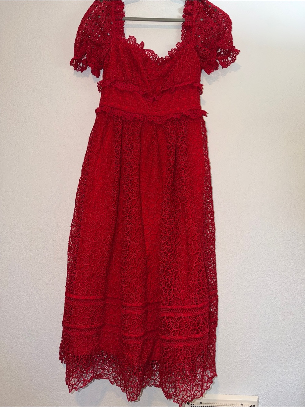 Self-Portrait Red Crochet Lace Midi Dress
